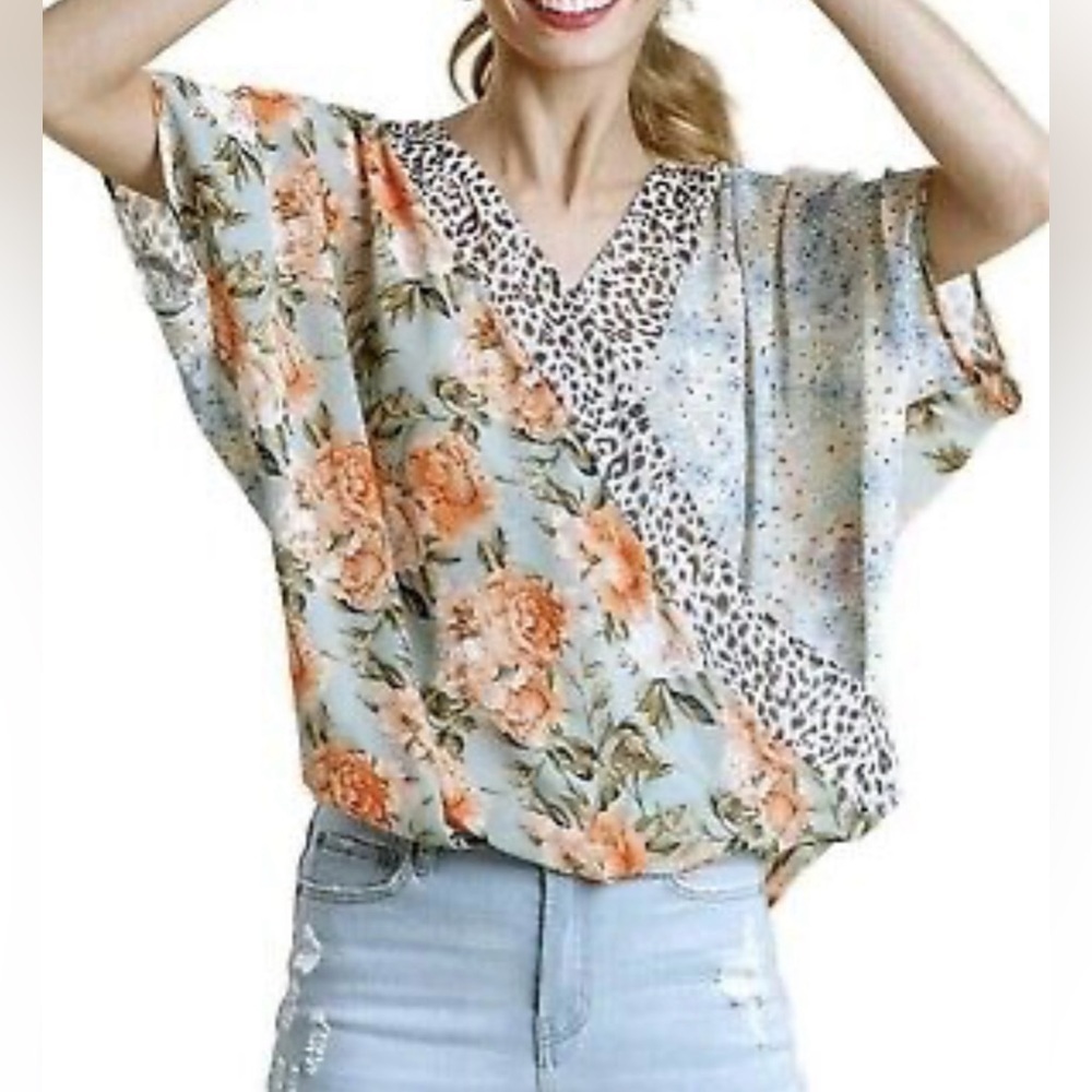 Umgee Floral-Animal Print Wrap-Crossover Top-Dolman Sleeve Boho Size M